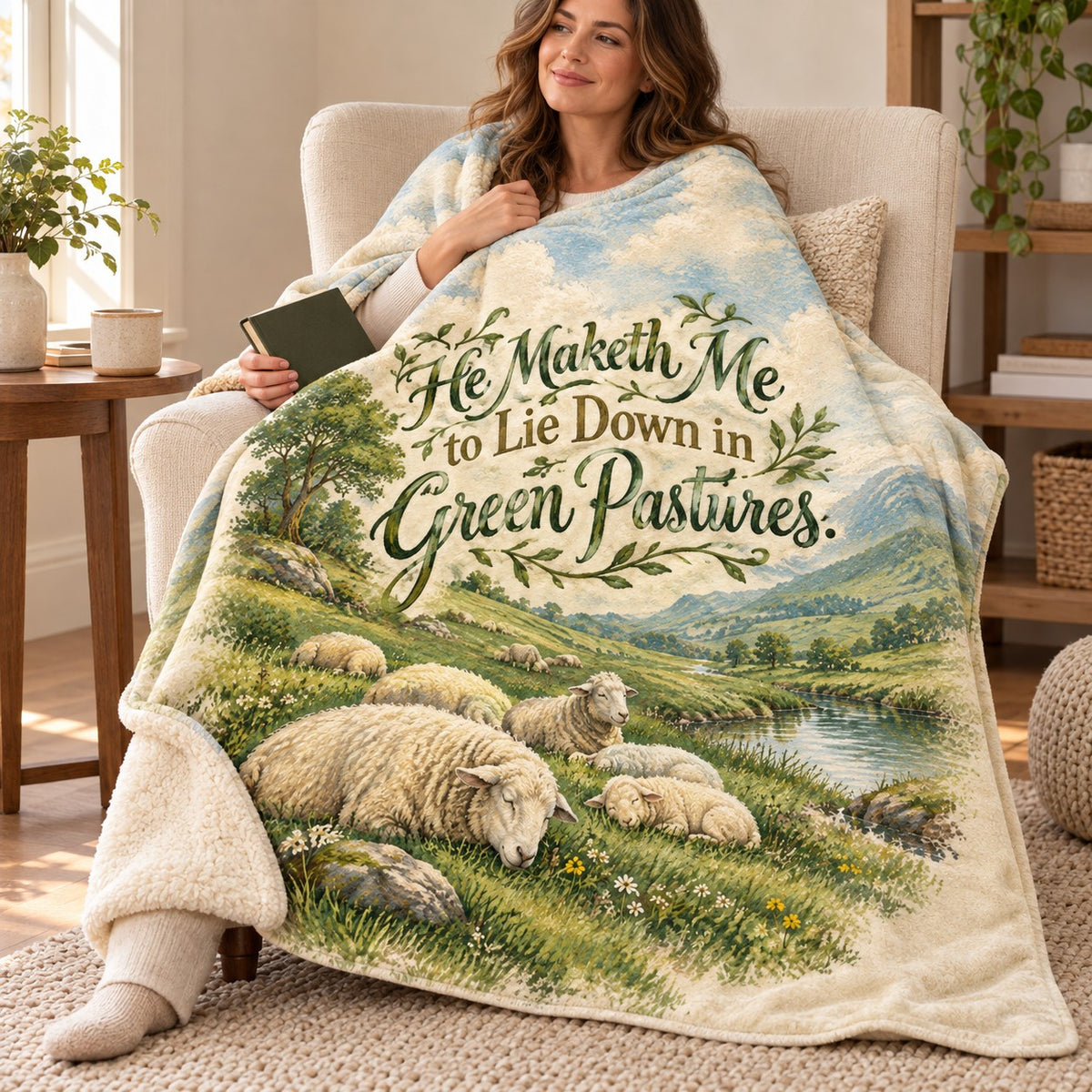 He Maketh Me to Lie Down in Green Pastures. blanket, wrapped around a reader