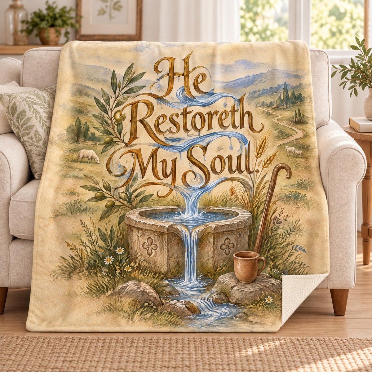 He Restoreth My Soul. blanket, on a sofa