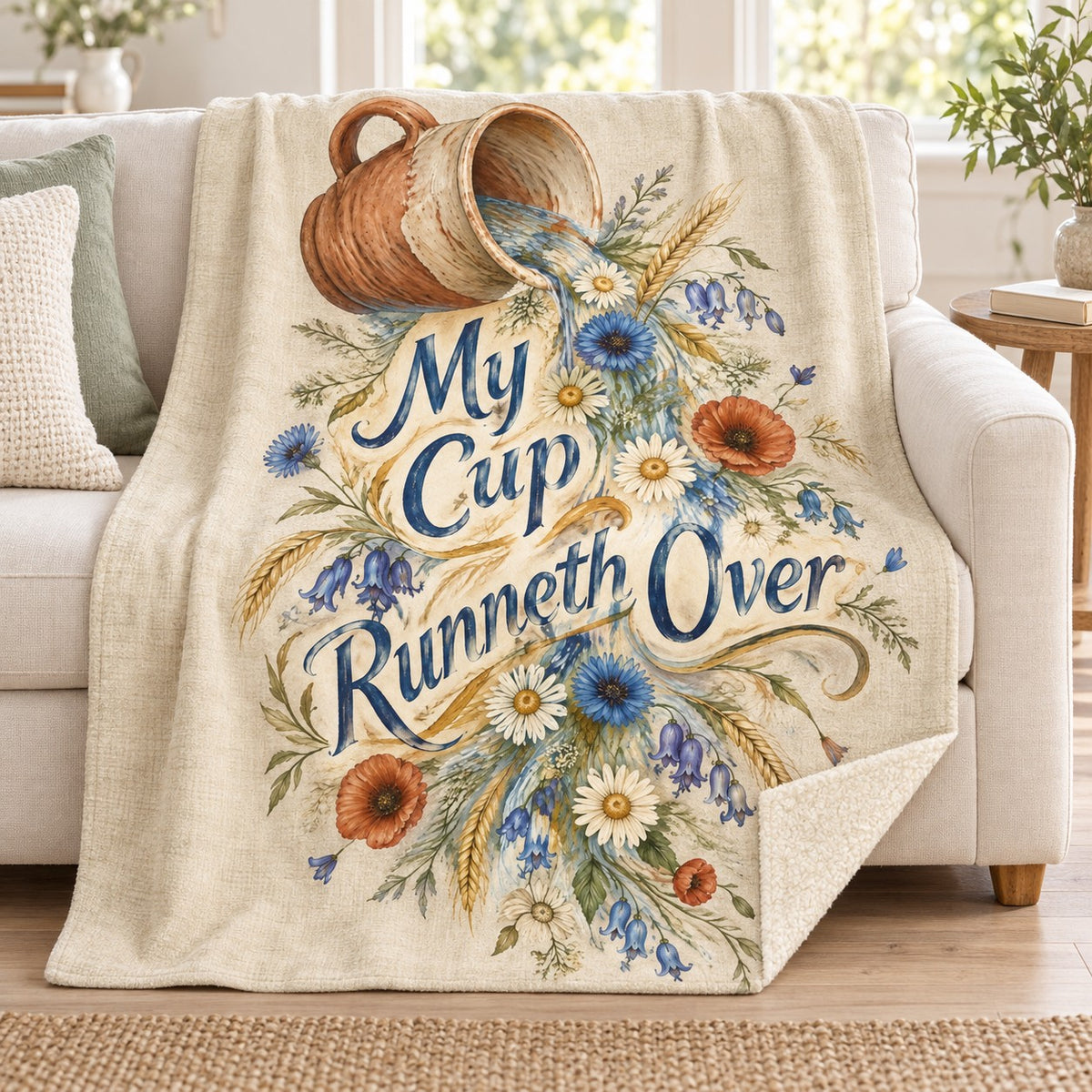 My Cup Runneth Over. blanket, on a sofa