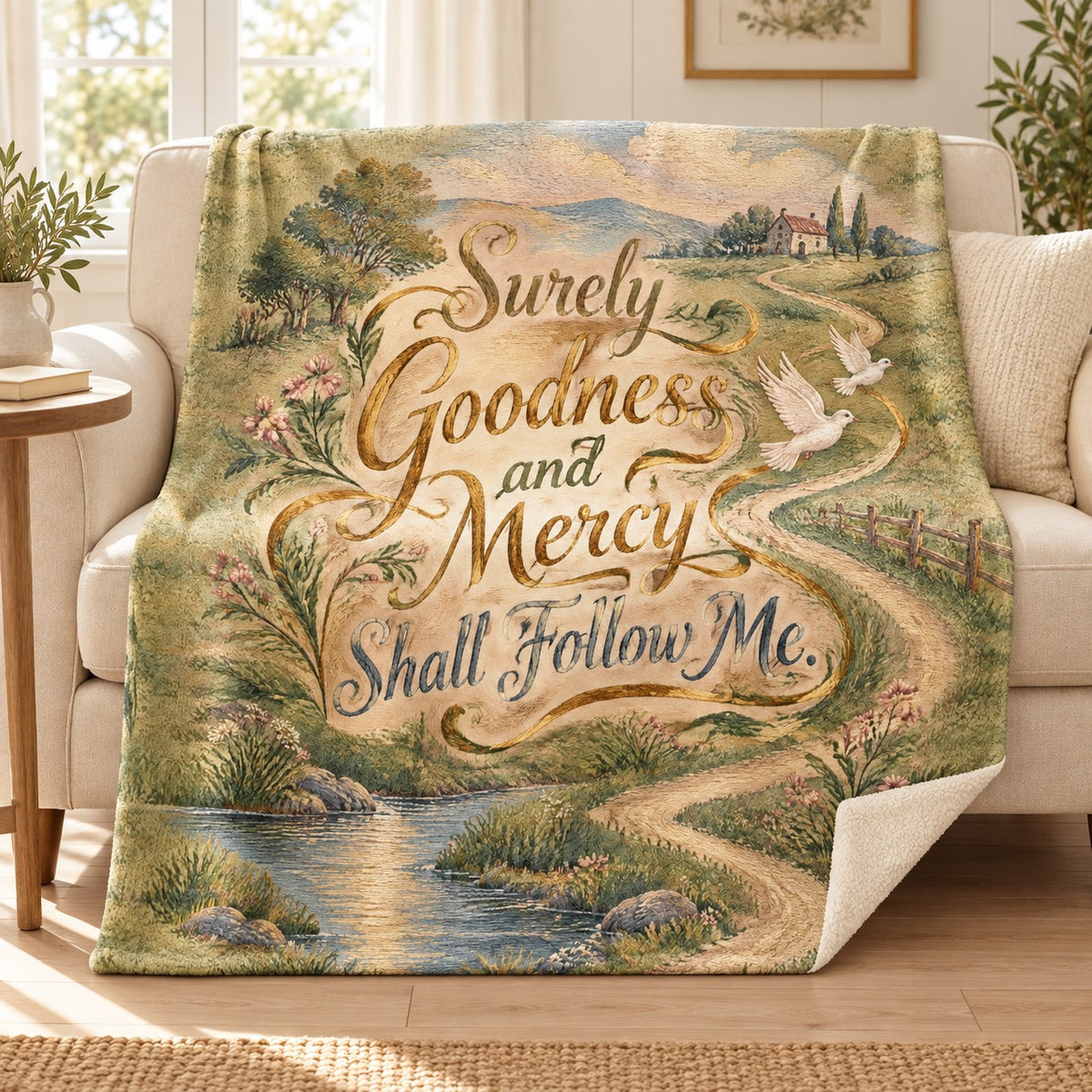 Surely Goodness and Mercy Shall Follow Me. blanket, on a sofa
