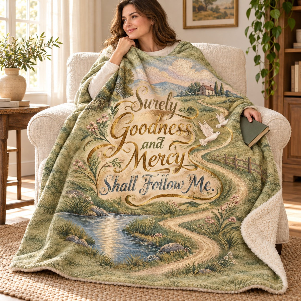 Surely Goodness and Mercy Shall Follow Me. blanket, wrapped around a reader