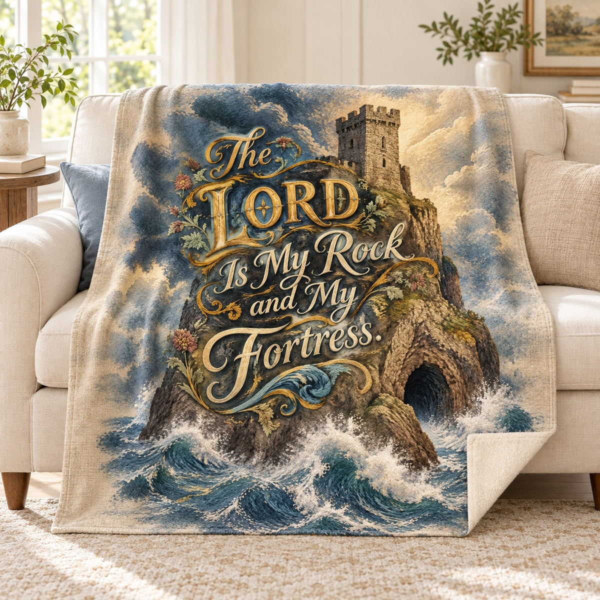The Lord Is My Rock and My Fortress. blanket, on a sofa
