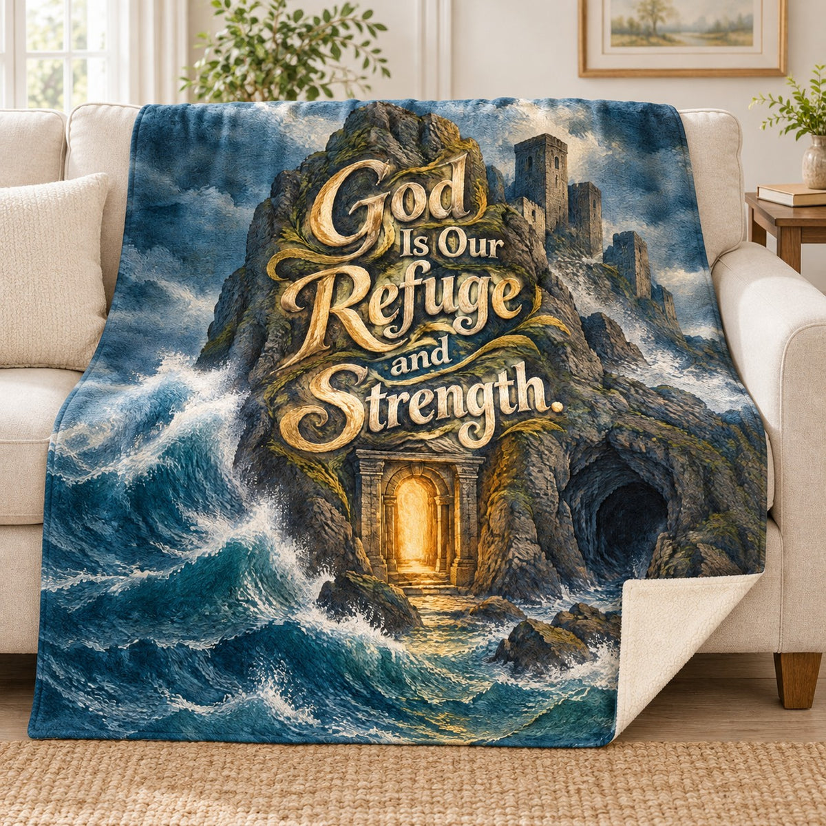 God Is Our Refuge and Strength. blanket, on a sofa