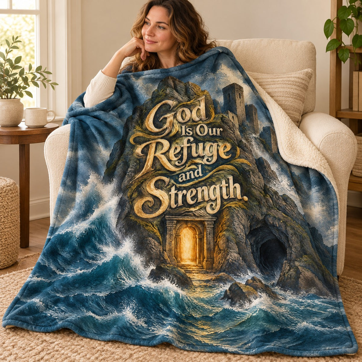 God Is Our Refuge and Strength. blanket, wrapped around a reader