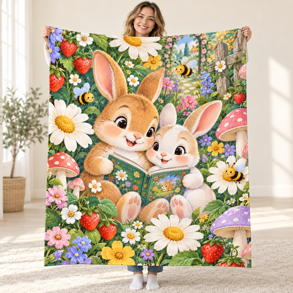 Bunny Reading Garden blanket, held open