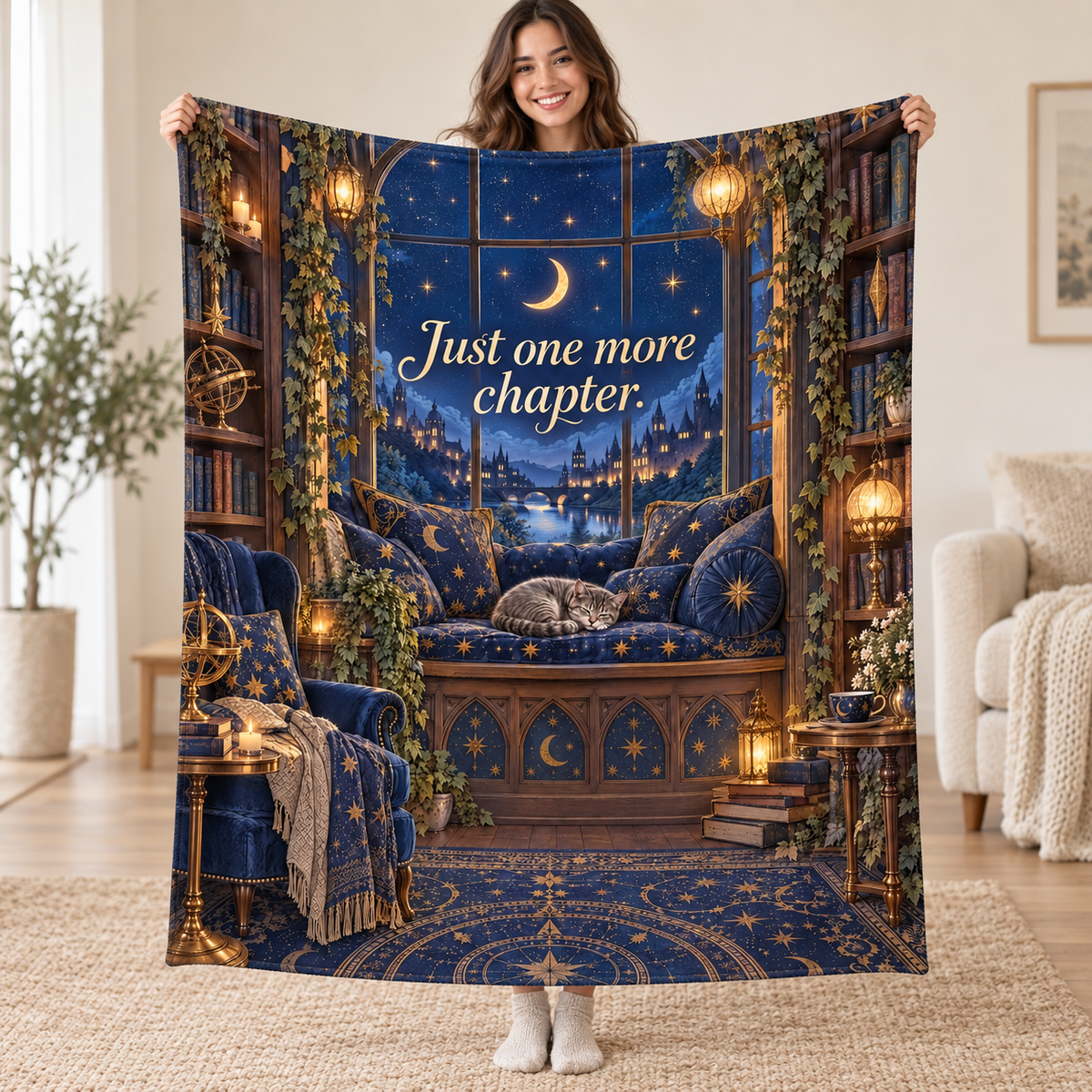 Midnight Library blanket, held open