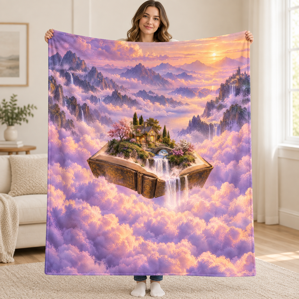 Floating Book Island blanket, held open