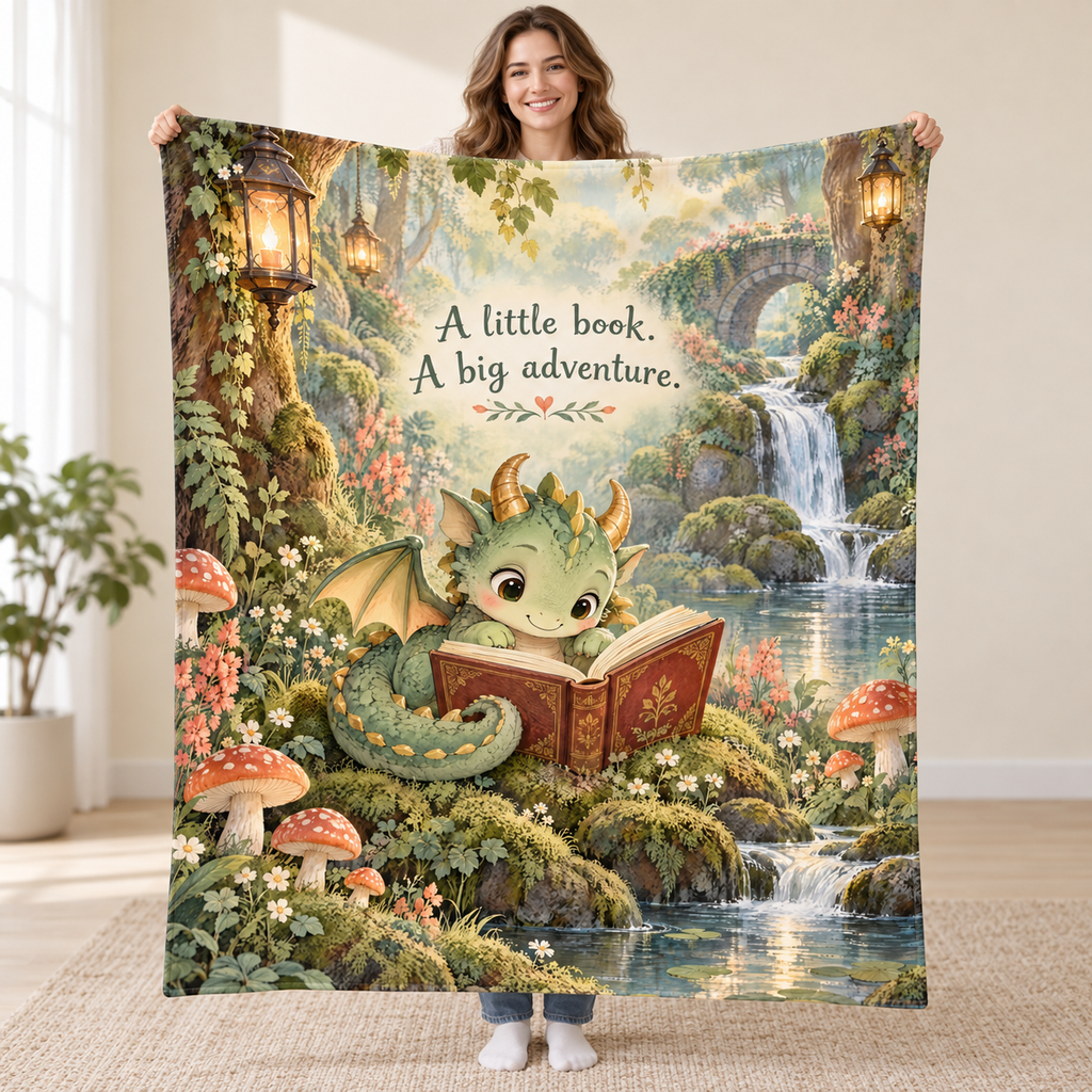 The Dragon's Storybook blanket, held open