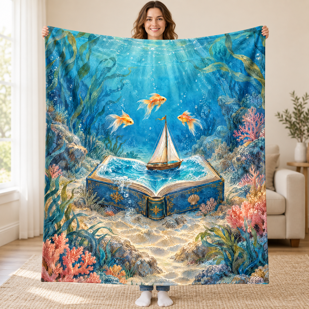 Ocean of Stories blanket, held open