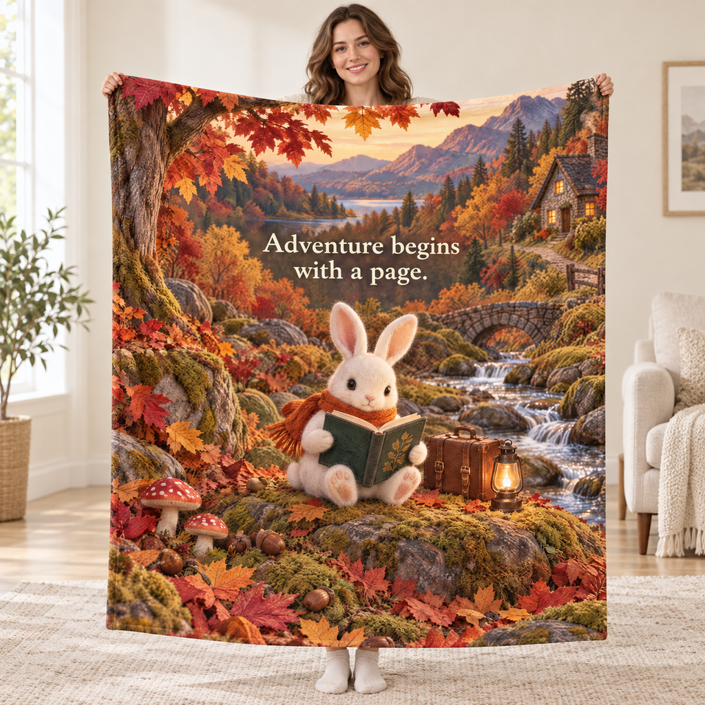 The Rabbit's Journey blanket, held open