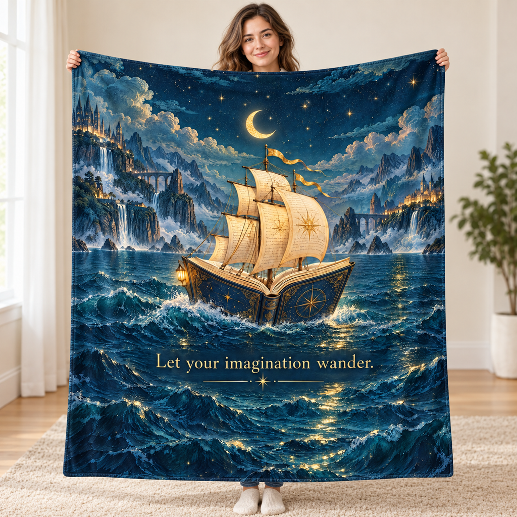 Sailing Through Stories blanket, held open