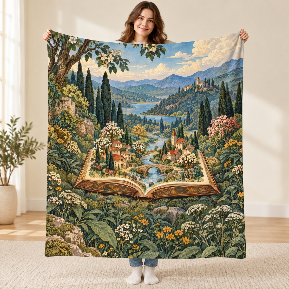 The Fairy-Tale Village blanket, held open