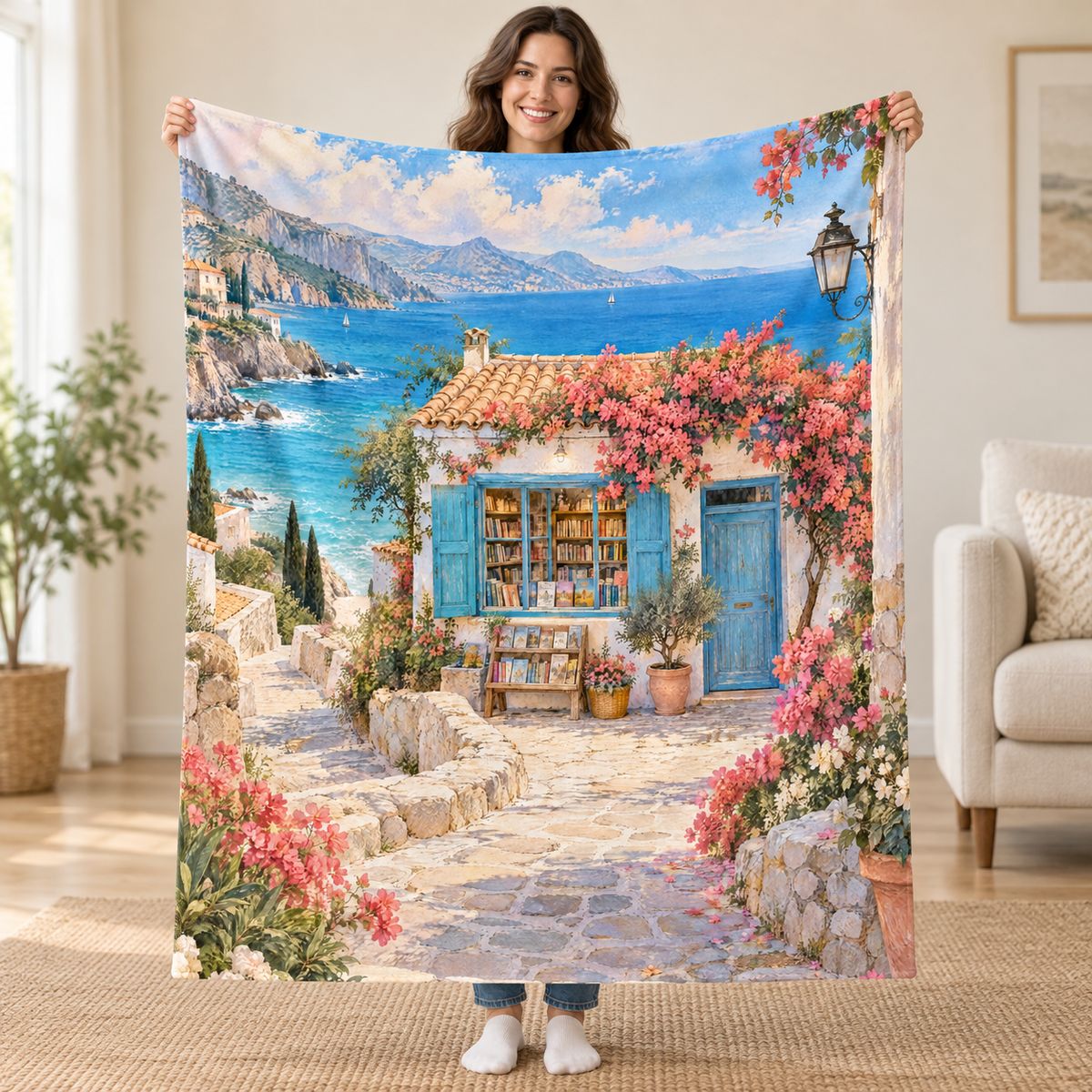 Seaside Bookshop blanket, held open