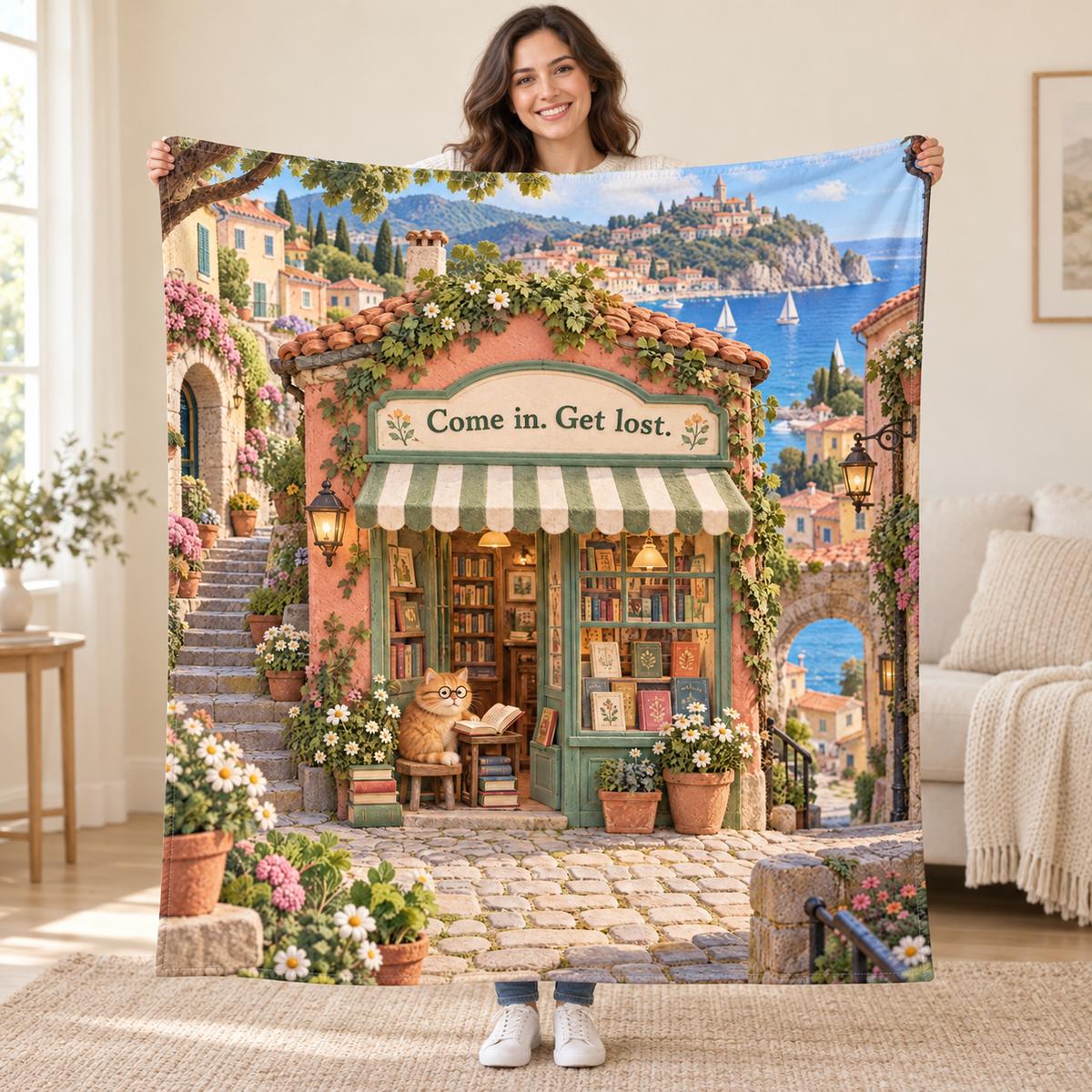 The Cat's Bookshop blanket, held open