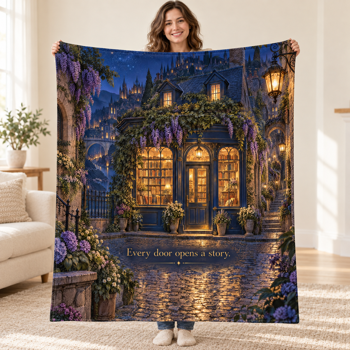 The Midnight Bookshop blanket, held open