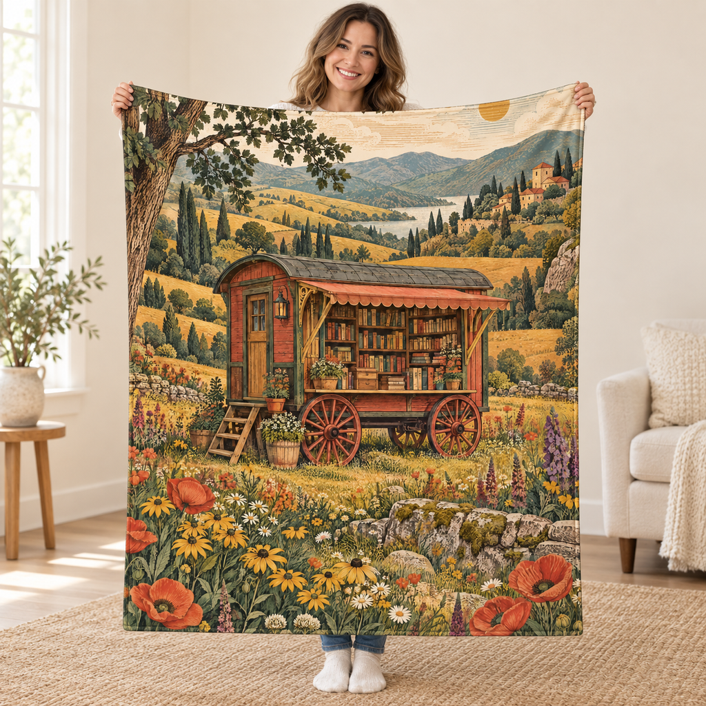 The Traveling Bookshop blanket, held open