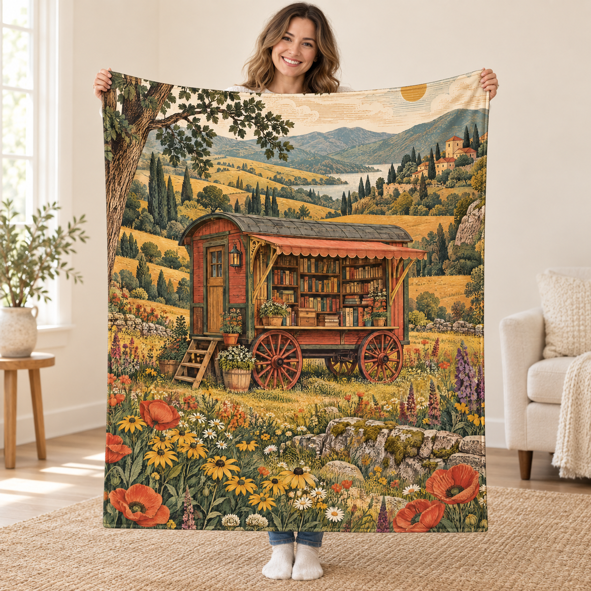 The Traveling Bookshop blanket, held open