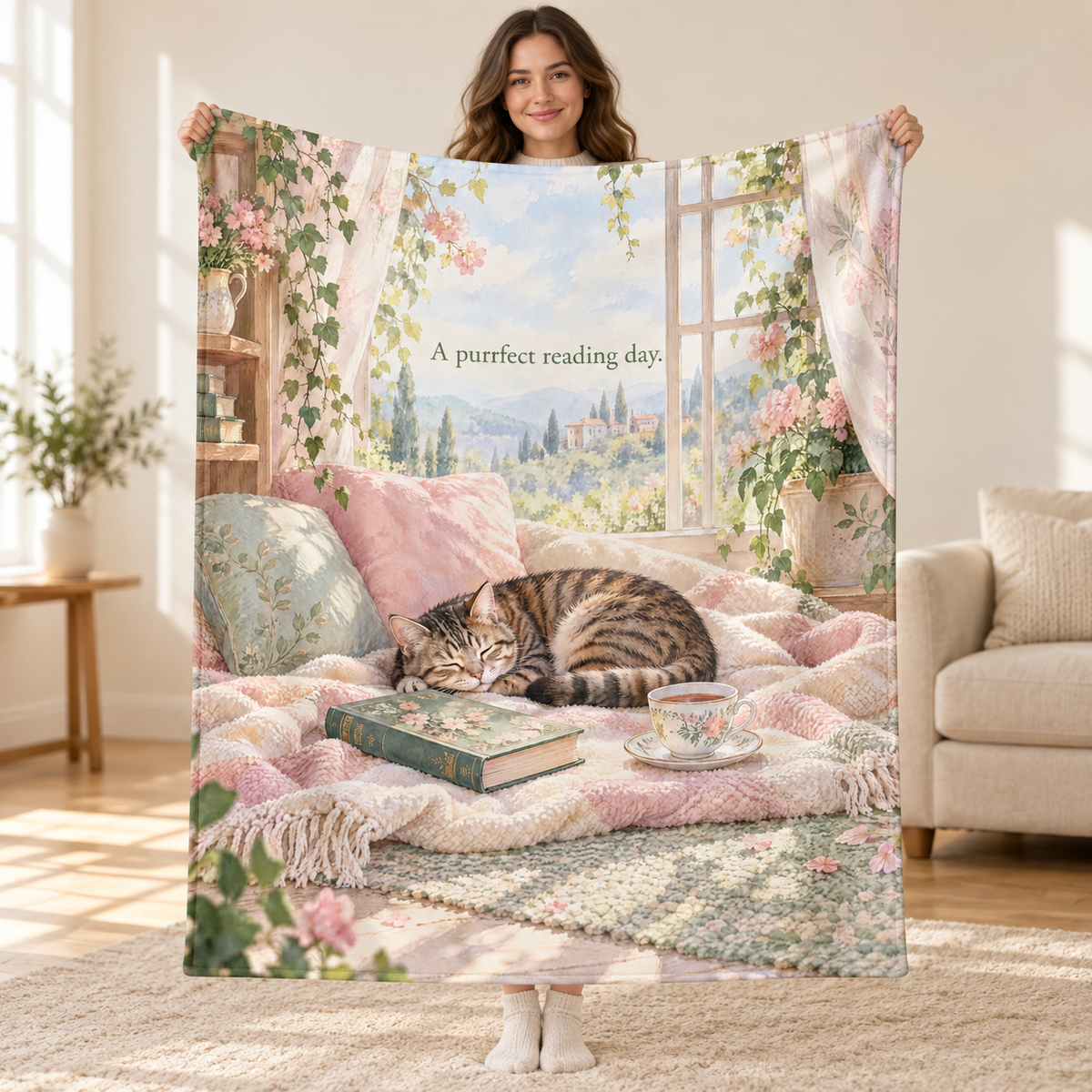 A Purrfect Reading Day blanket, held open