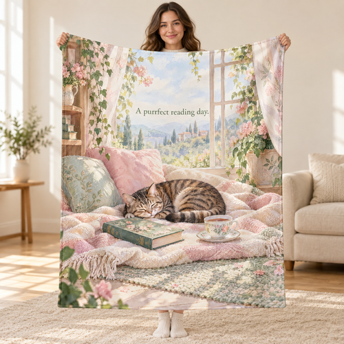 A Purrfect Reading Day blanket, held open