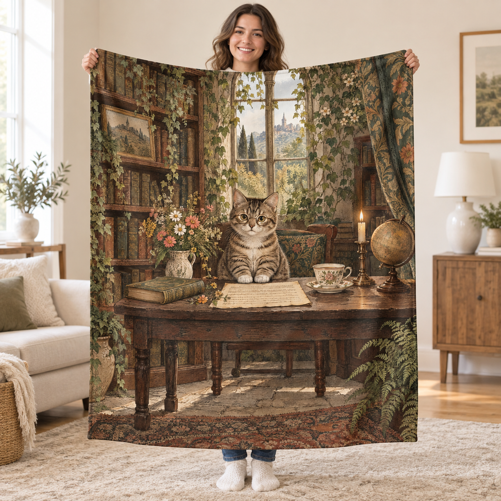 The Scholar Cat blanket, held open