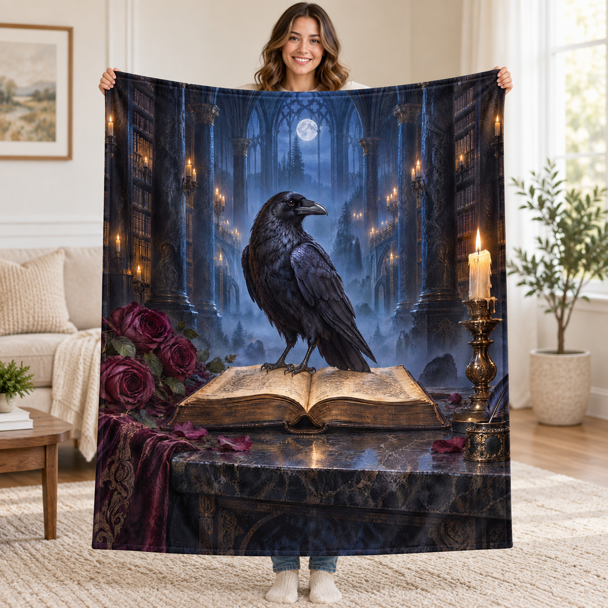 Raven and Open Book blanket, held open