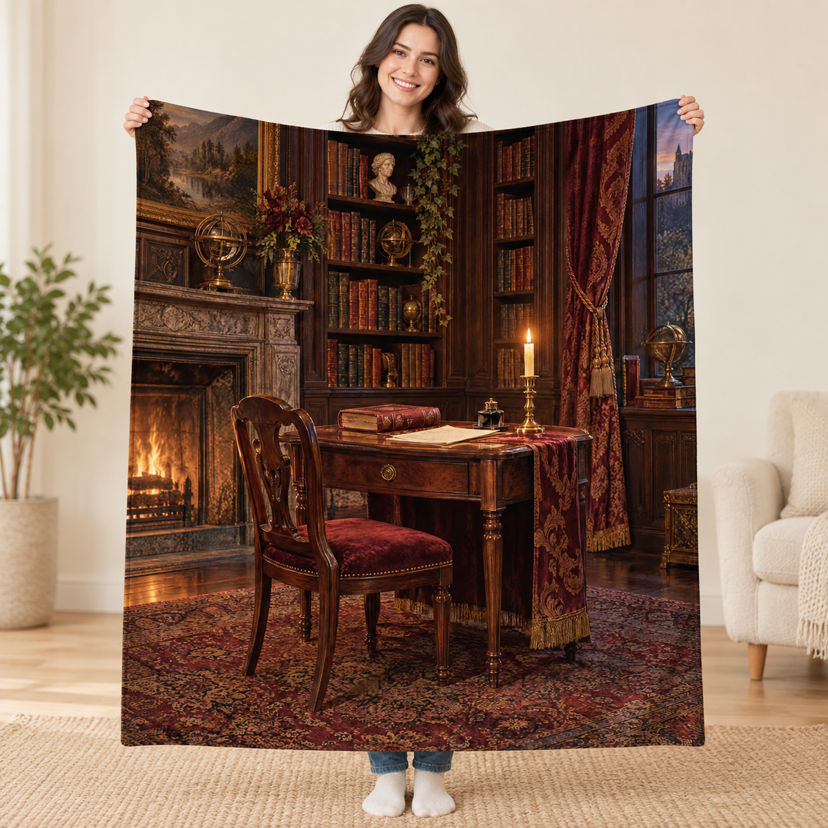 Candlelit Manuscript blanket, held open