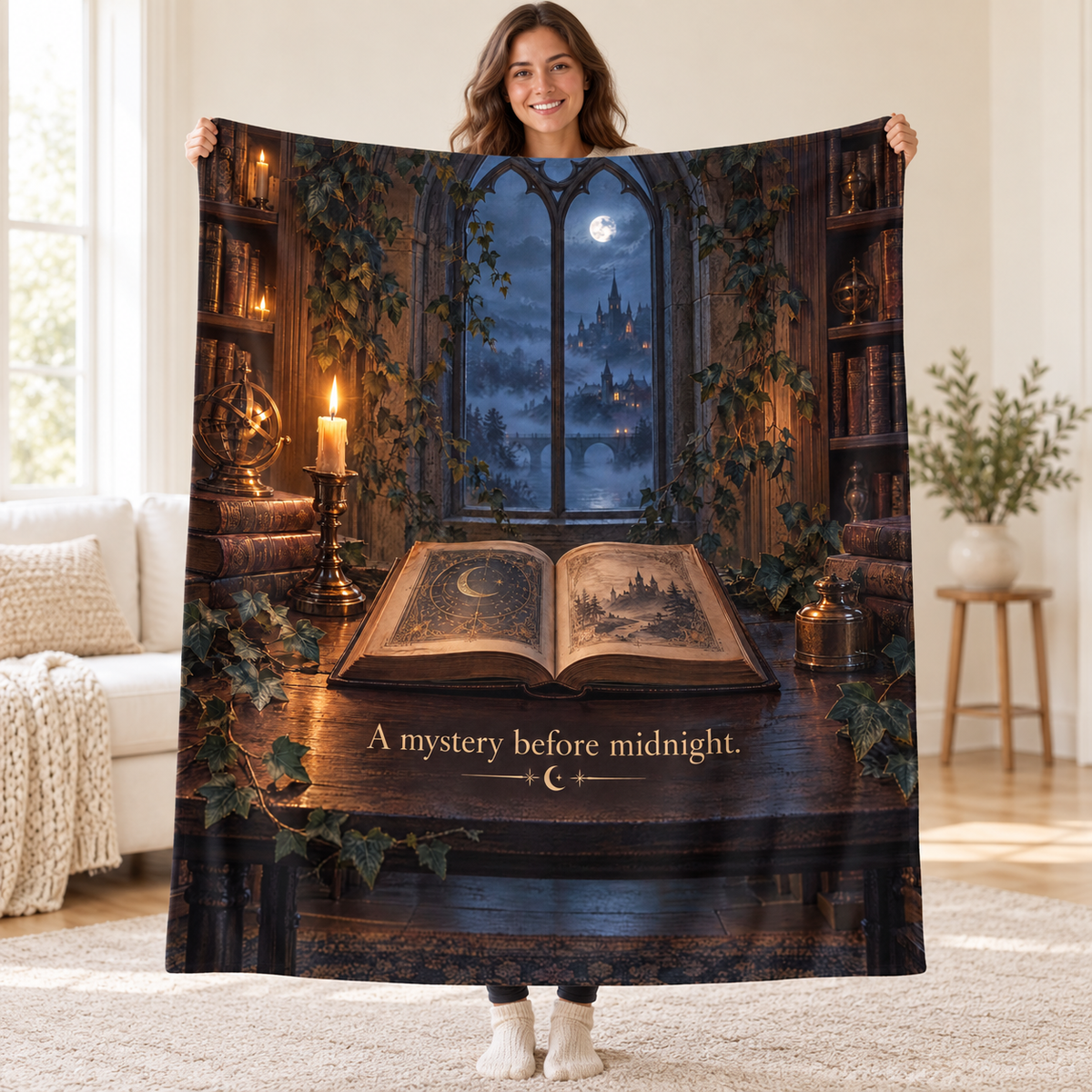 A Mystery Before Midnight blanket, held open