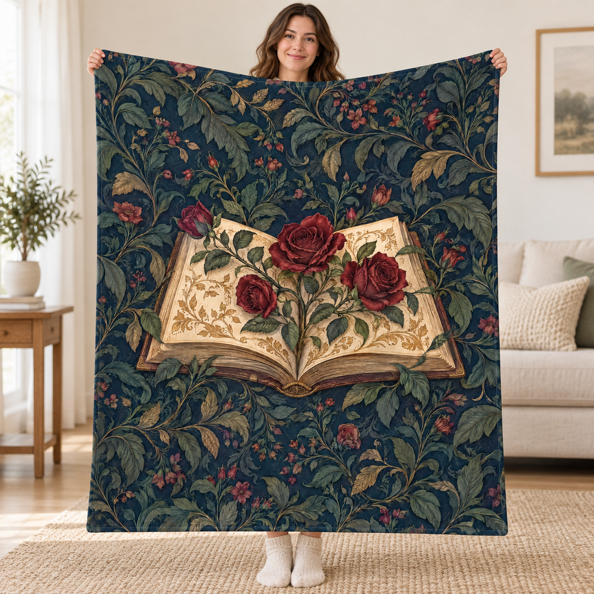 Roses Between Pages blanket, held open
