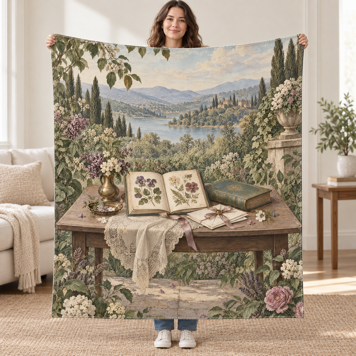 Pressed Flowers and Letters blanket, held open