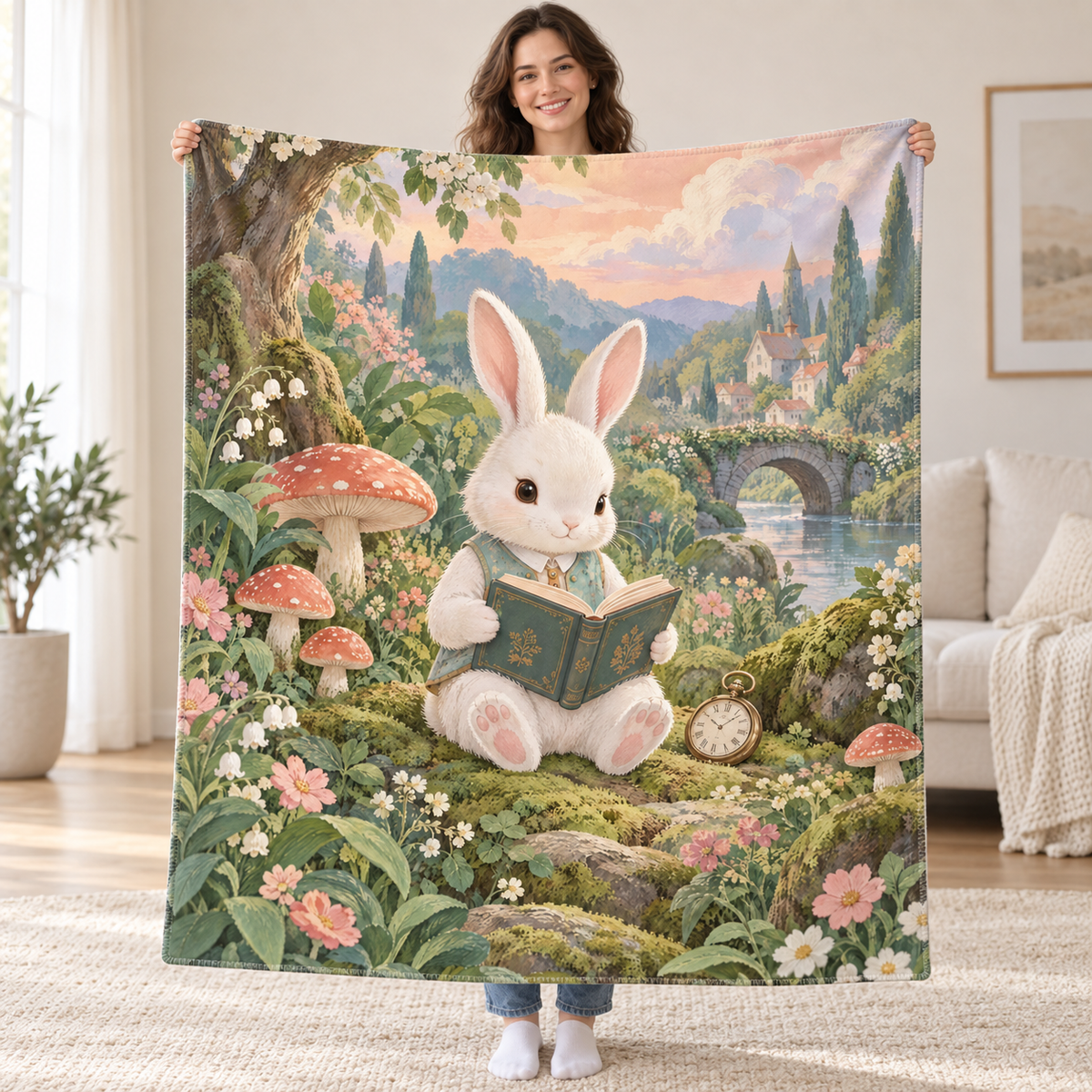 The White Rabbit's Reading Break blanket, held open