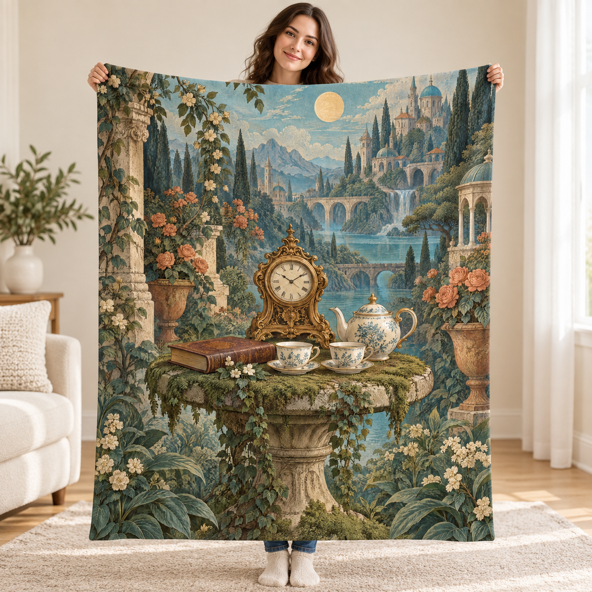 The Clockwork Tea Garden blanket, held open