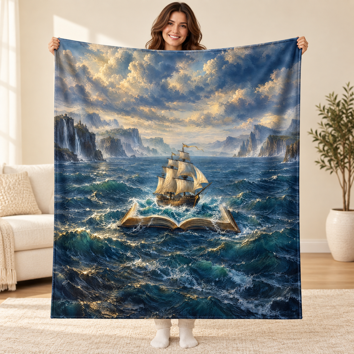 The Bookship blanket, held open