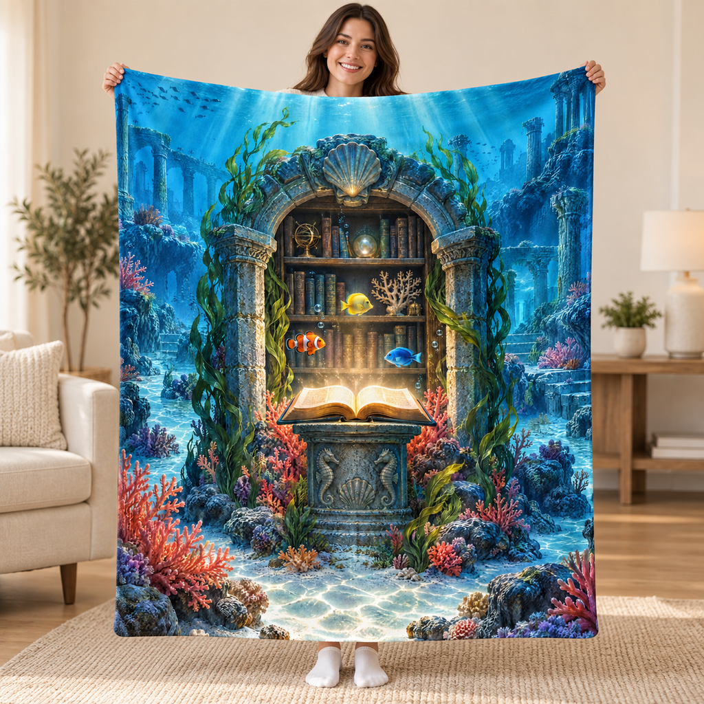 The Undersea Library blanket, held open