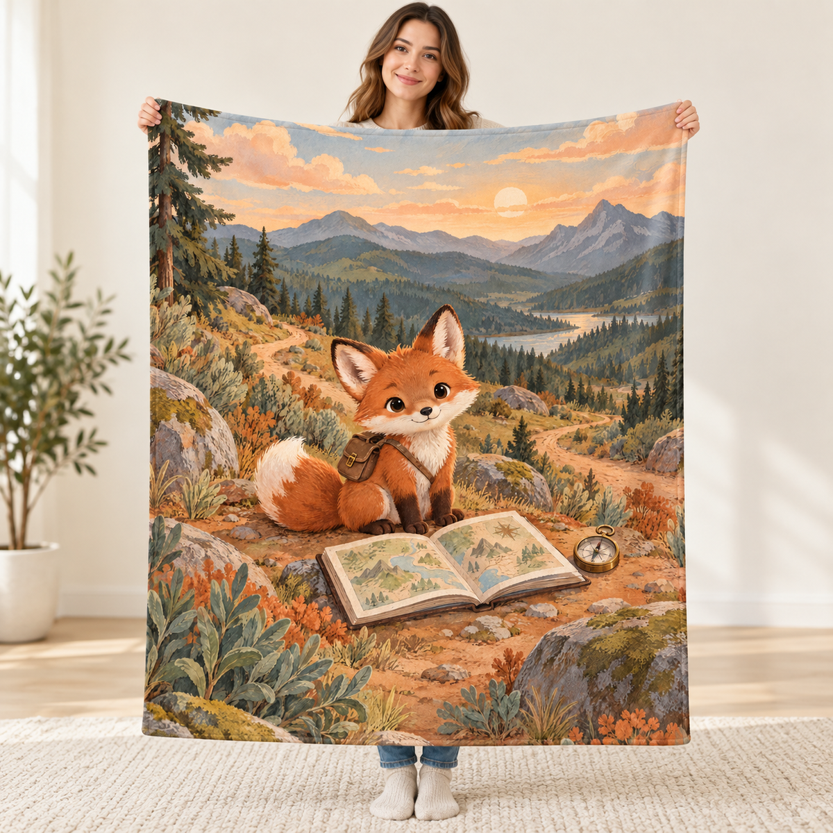 The Little Fox Explorer blanket, held open