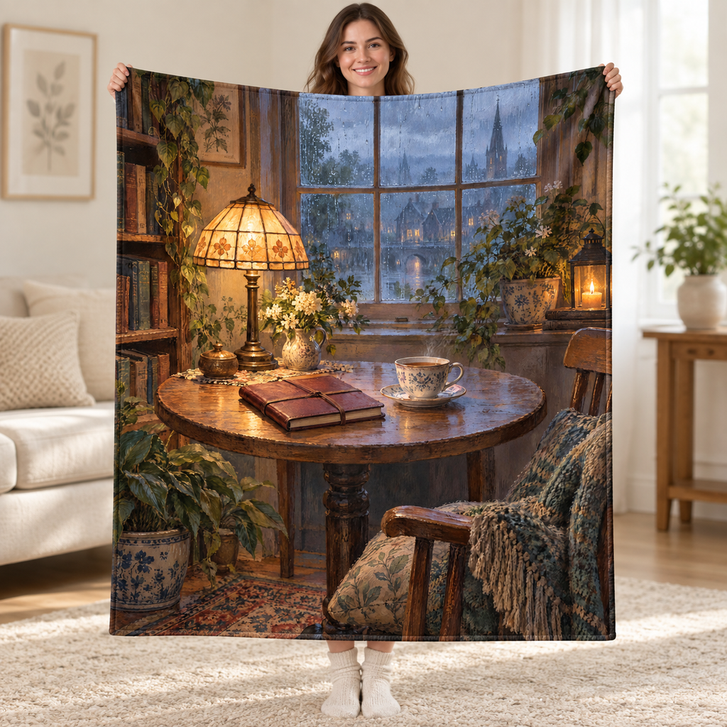 Rain and Rhyme blanket, held open