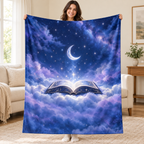The Moon Keeps Reading blanket, held open