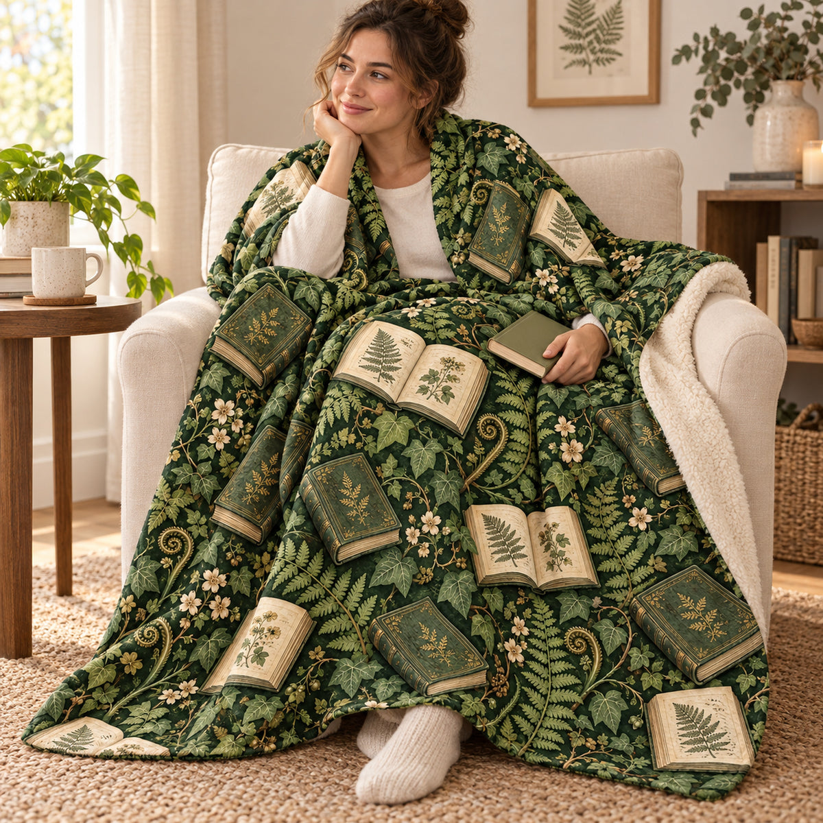 Fernbound Library blanket, wrapped around a reader