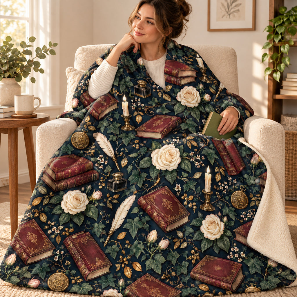 Midnight Rose Volumes blanket, wrapped around a reader