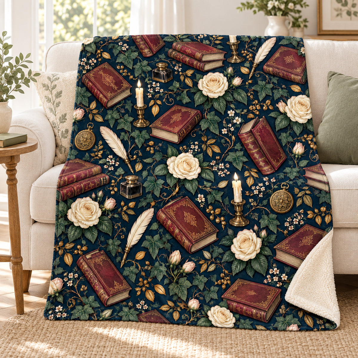 Midnight Rose Volumes blanket, on a sofa