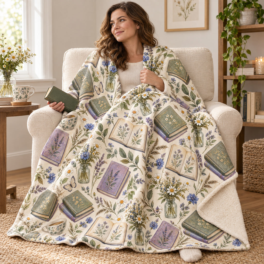 Wildflower Paperbacks blanket, wrapped around a reader