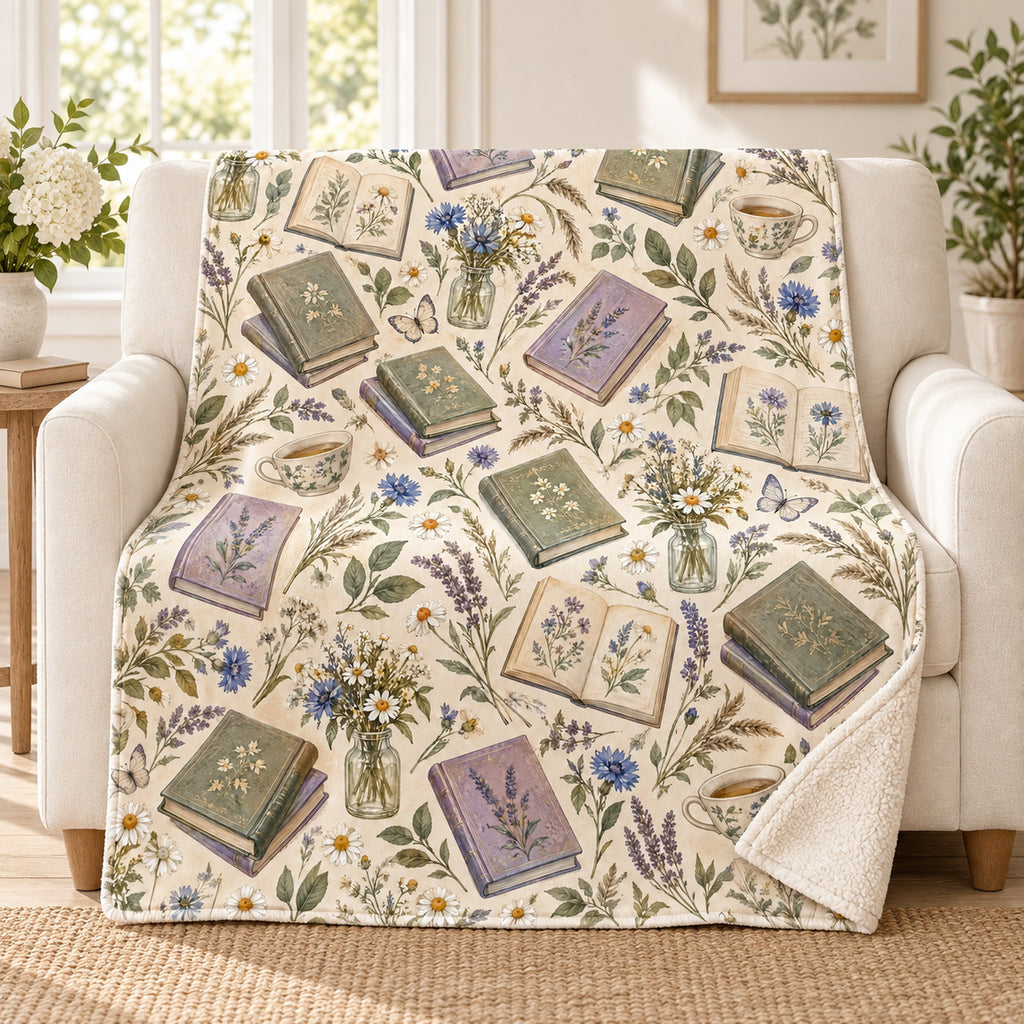 Wildflower Paperbacks blanket, on a sofa