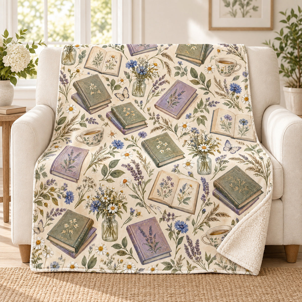 Wildflower Paperbacks blanket, on a sofa