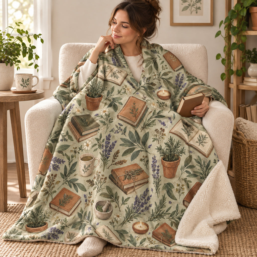 The Herbal Reader blanket, wrapped around a reader