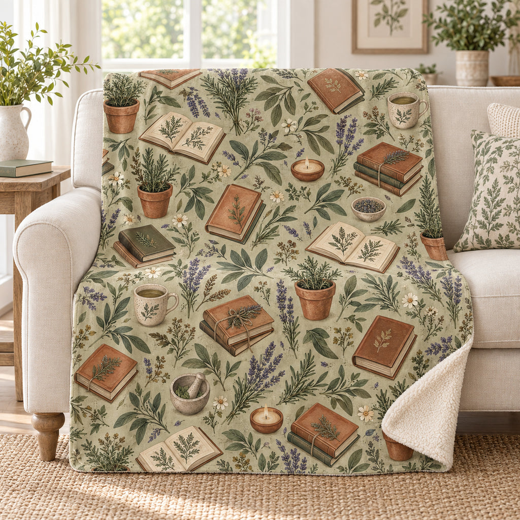 The Herbal Reader blanket, on a sofa