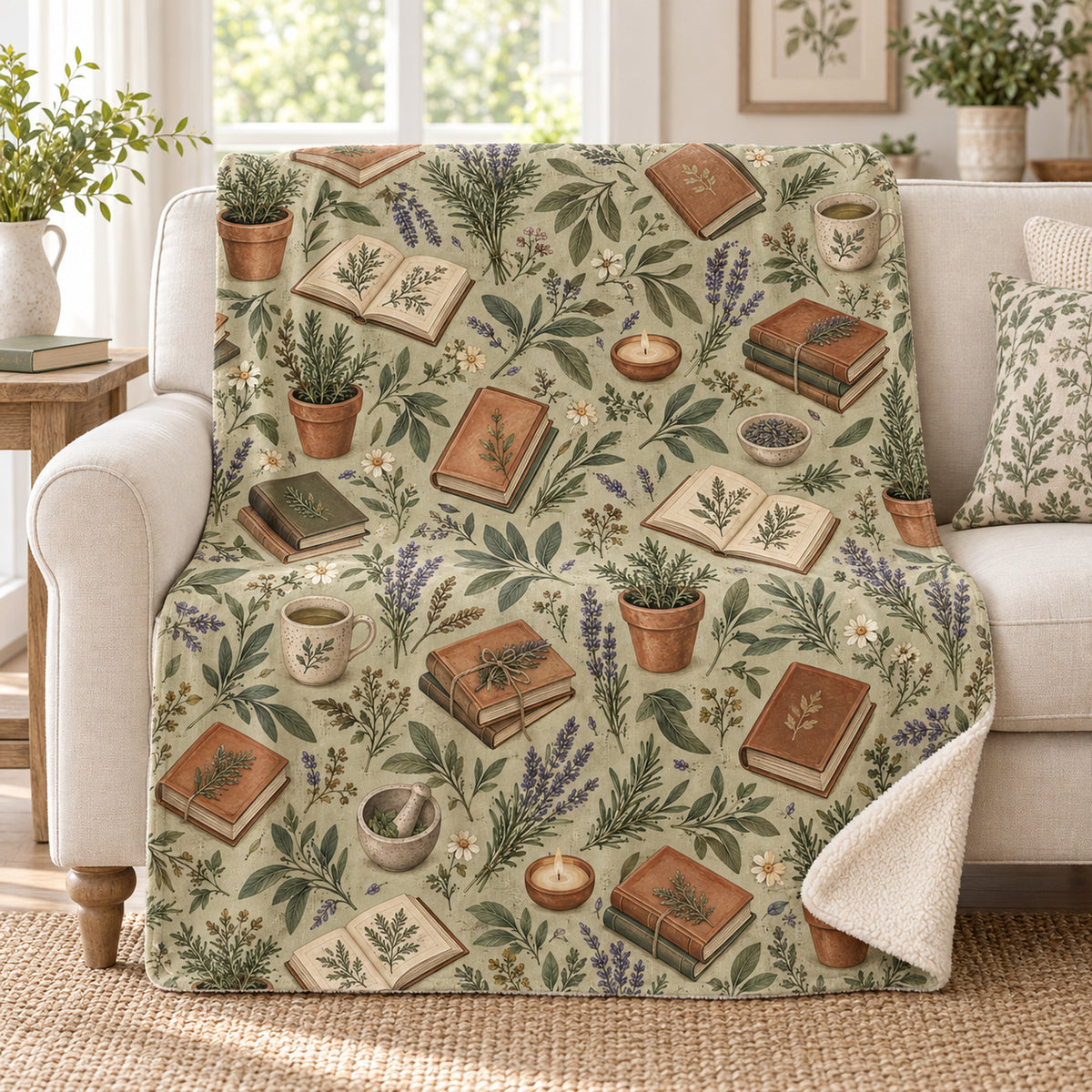 The Herbal Reader blanket, on a sofa