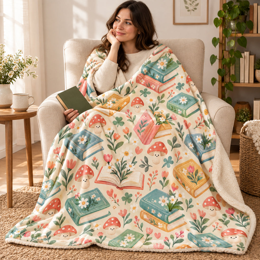 Little Blooming Books blanket, wrapped around a reader