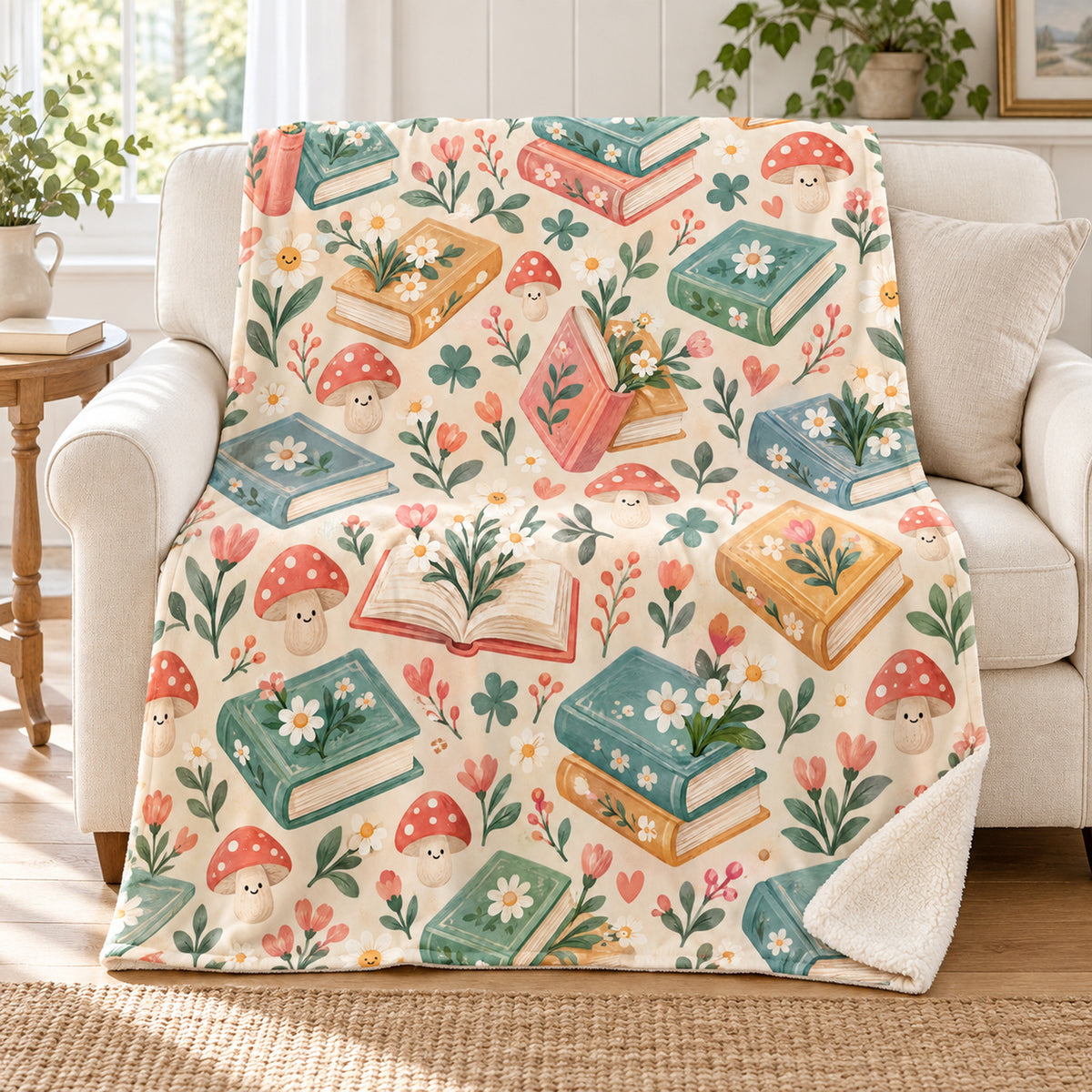 Little Blooming Books blanket, on a sofa