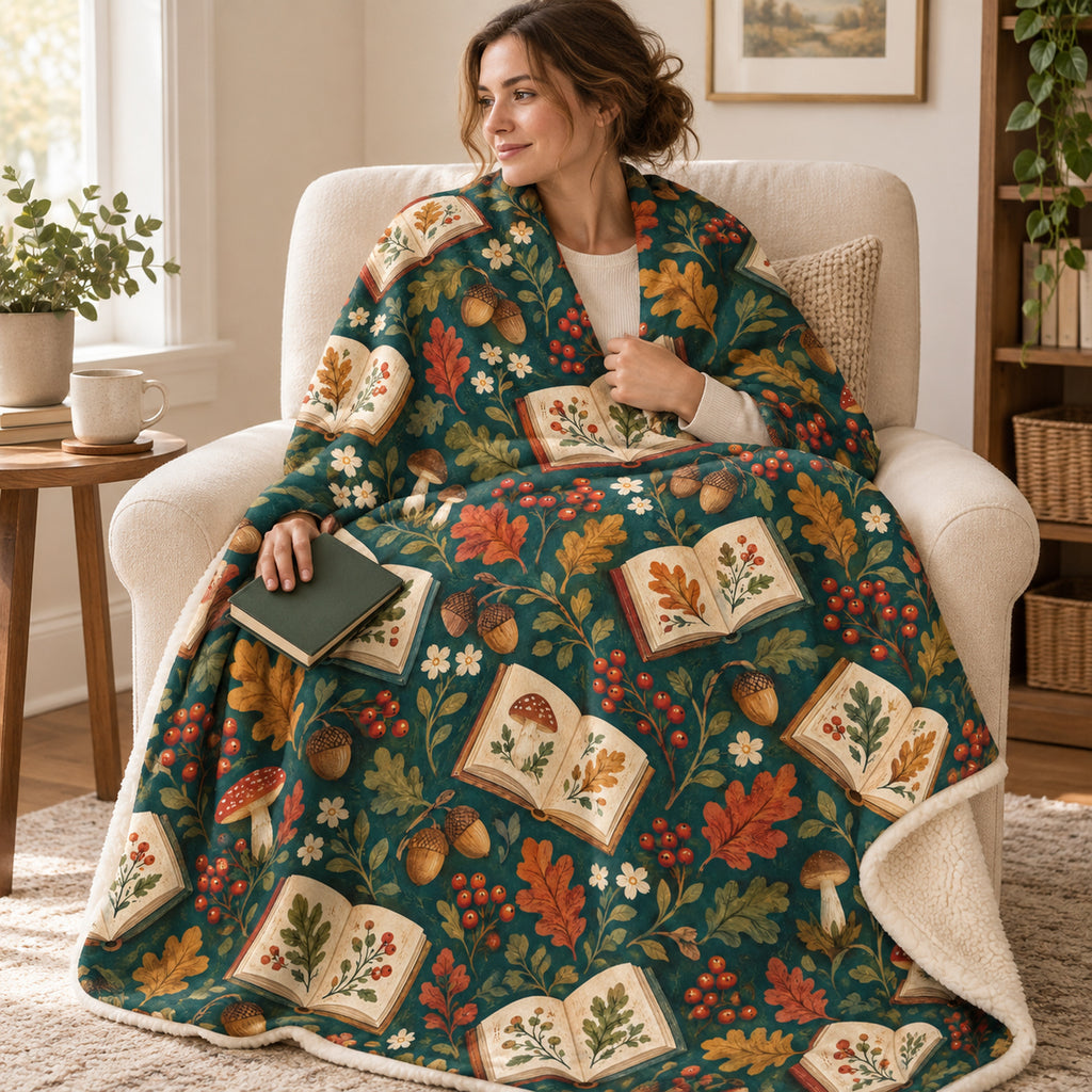 Woodland Book Pockets blanket, wrapped around a reader