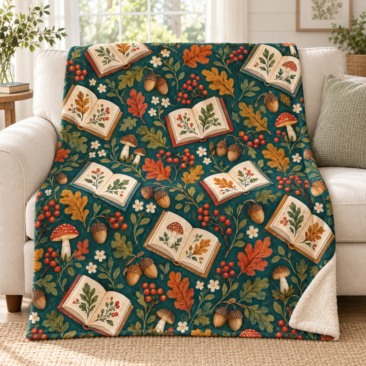 Woodland Book Pockets blanket, on a sofa