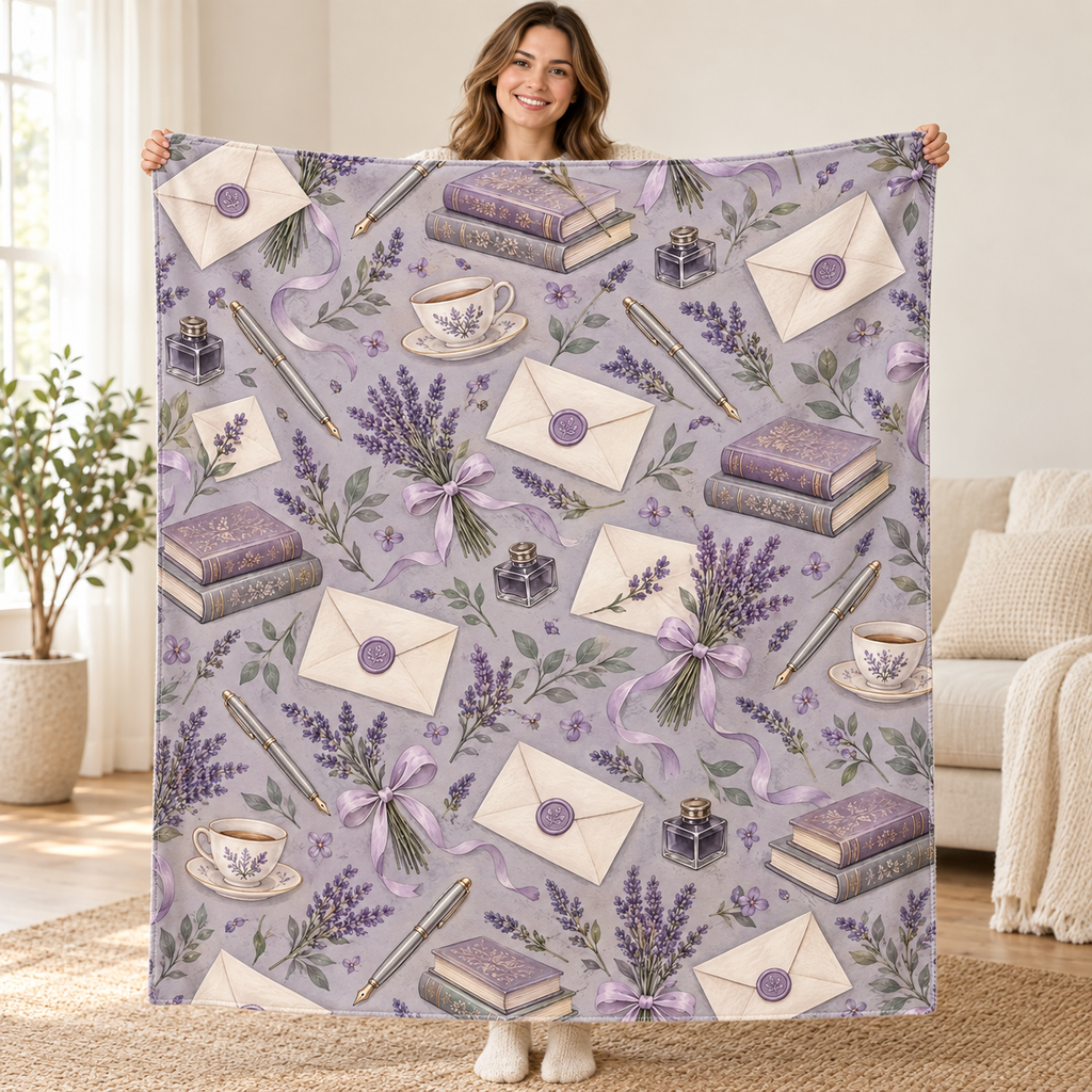 Lavender Letters blanket, held open